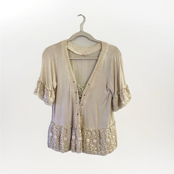 POL Beige Boho Floral Lace Trim Fairy Ethereal Cottagecore Chic - Picture 2 of 5